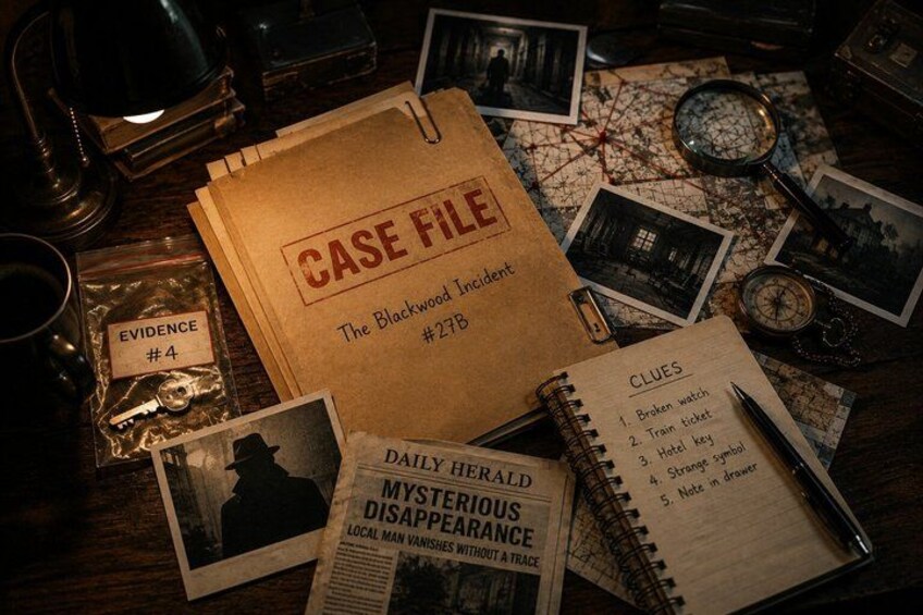 A cluttered desk with a case file labeled 'The Blackwood Incident #27,' a notebook with clues, a newspaper clipping, and various detective tools. 2