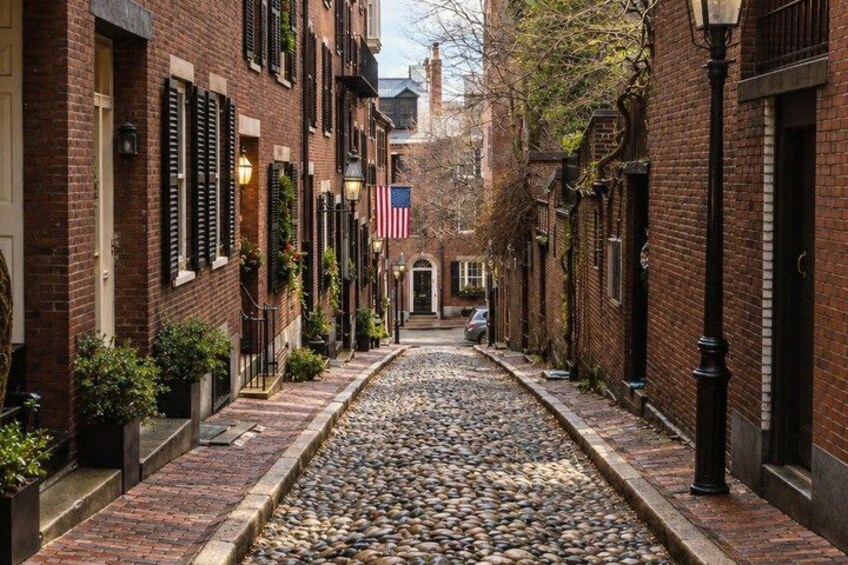 A cobblestone alley lined with brick buildings, American flags, and potted plants. 2