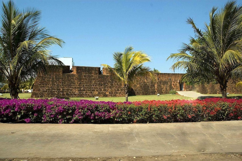 Eine historische Steinmauer mit Palmen und farbenprächtigen Blumenbeeten. 2