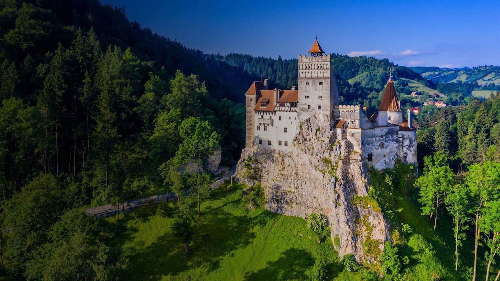 A castle perched on a cliff, surrounded by dense forest and rolling hills. 4