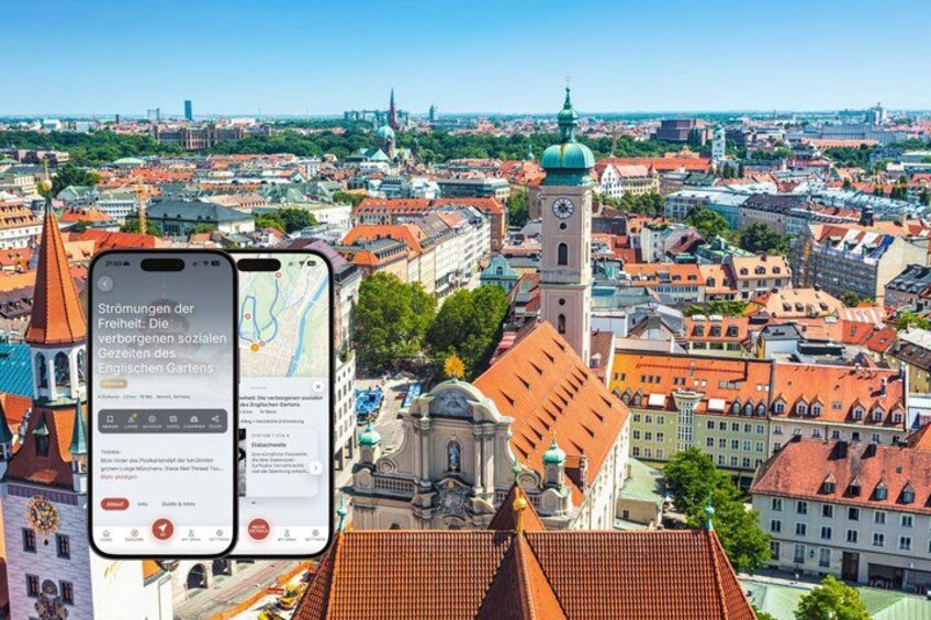 A smartphone displaying a map with a cityscape in the background. 1