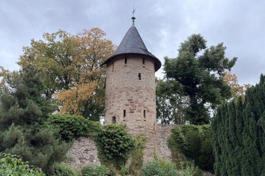 A stone tower with a conical roof, surrounded by trees and shrubs. 2