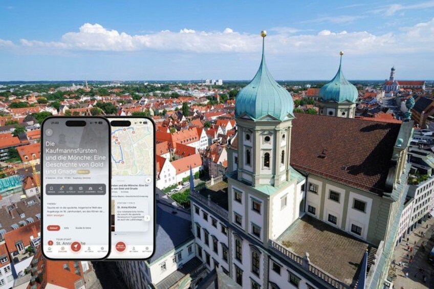 A cityscape with a prominent church with green domes, a smartphone displaying a map, and a clear blue sky. 1