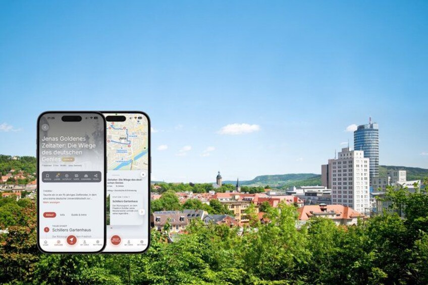 Two smartphones displaying a map with a cityscape in the background. 1