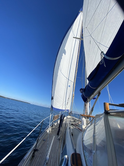 A sailboat with white sails on a calm sea under a clear blue sky. 1