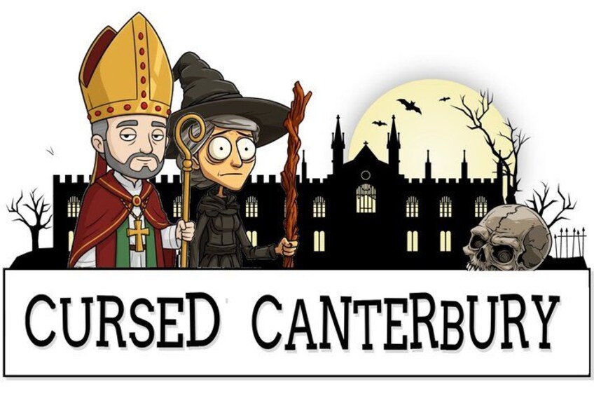 A cartoon illustration with a title 'CURSED CANTERBURY' and a spooky castle background. 3