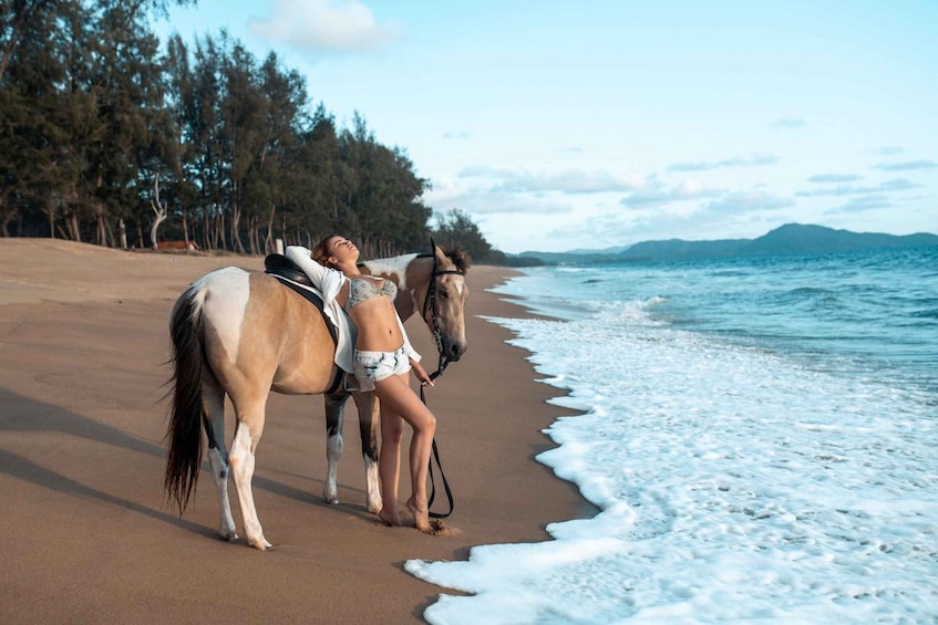A beach with horses and a person. 3