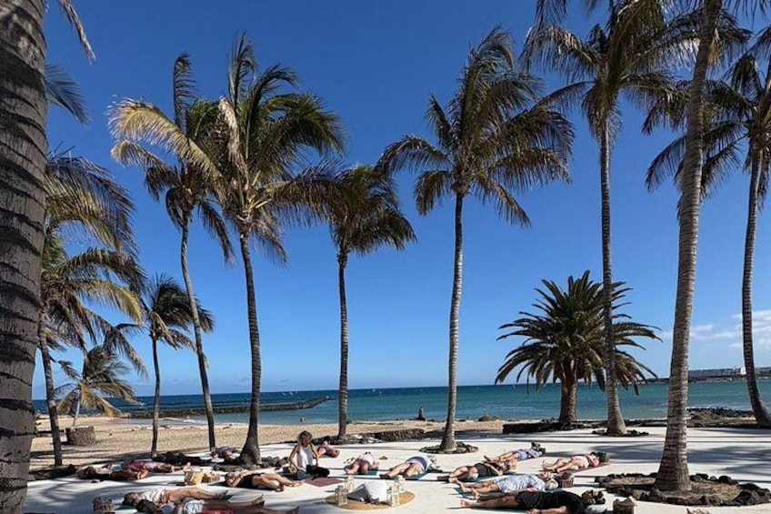 A beach with palm trees and people sunbathing. 1