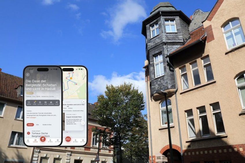 A smartphone displaying a map with a location marked 'Die Oase der Bergluft: Schatten und Licht in Hassel.' 1