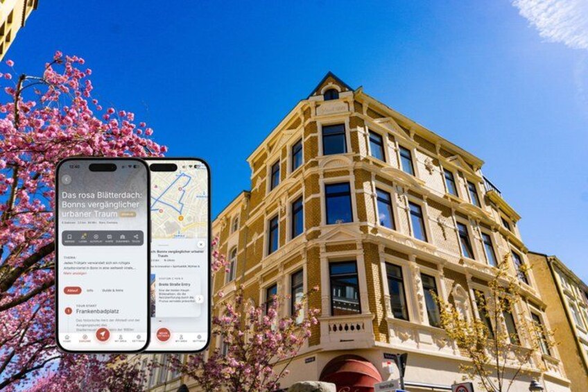 A smartphone displaying a map application with a building in the background. 1