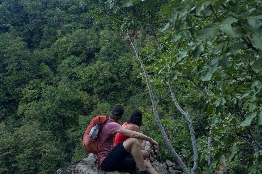 Two people sitting on a rocky outcrop overlooking a dense forest. 2