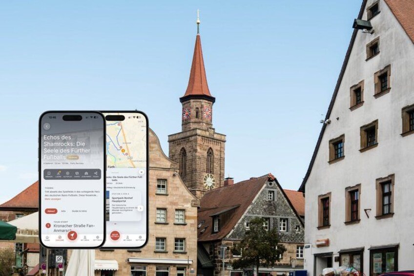 A smartphone displaying a map with a church steeple in the background. 1