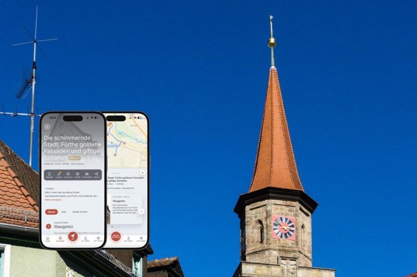 A church steeple with a clock and a red cross, and a smartphone displaying a map. 1