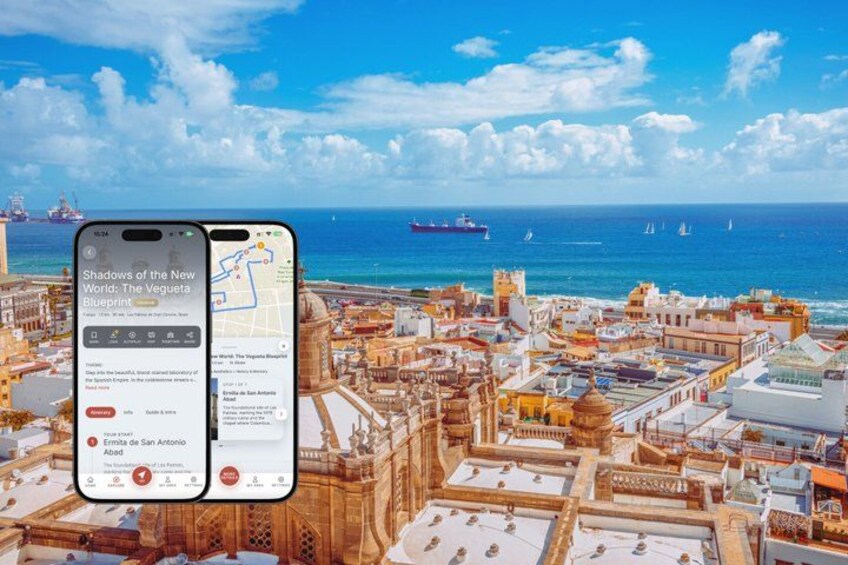 A smartphone displaying a map with a coastal cityscape in the background. 1