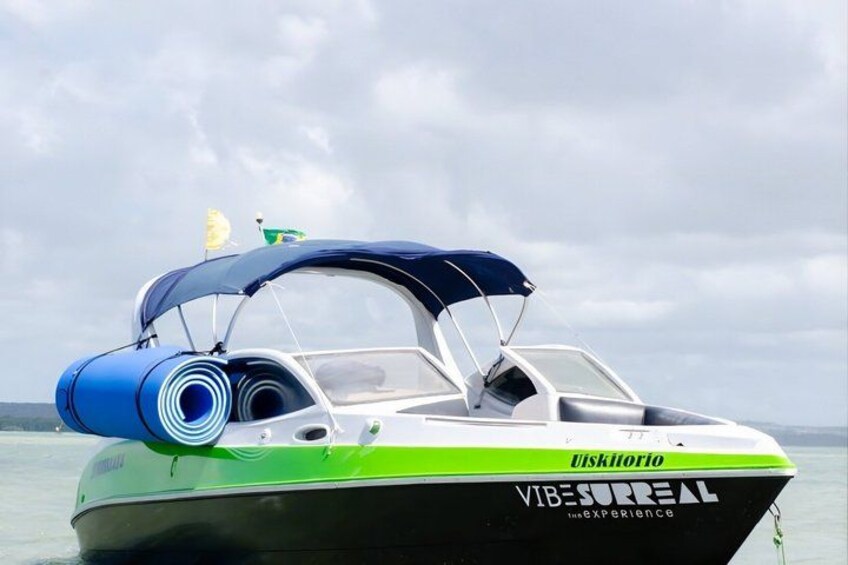 A speedboat with a canopy and a green stripe, labeled 'VIBESURREAL,' on a body of water. 2