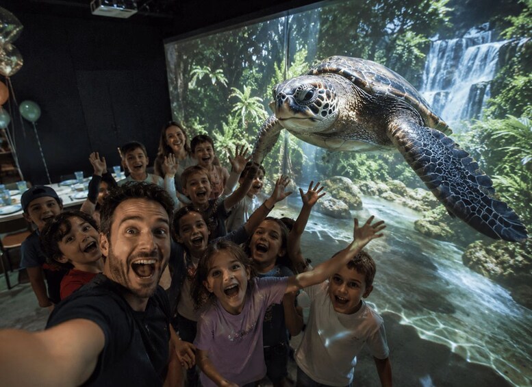 A group of people taking a selfie with a large turtle in the background. 2
