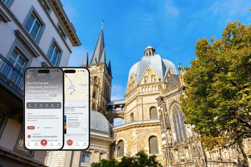 A historic church with a large dome and spires, and a smartphone displaying a map. 1