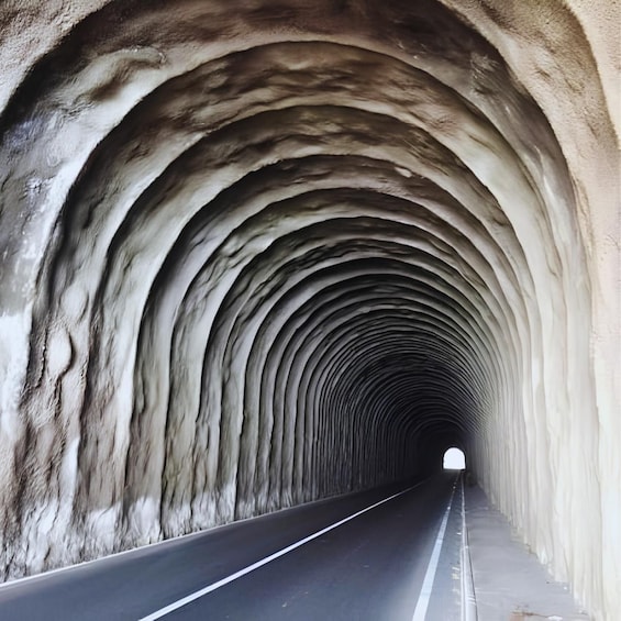 A tunnel with a curved ceiling and a road inside. 1