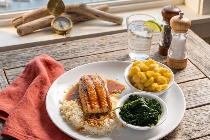 A plate of food with rice, a grilled fish, macaroni, and greens. 4