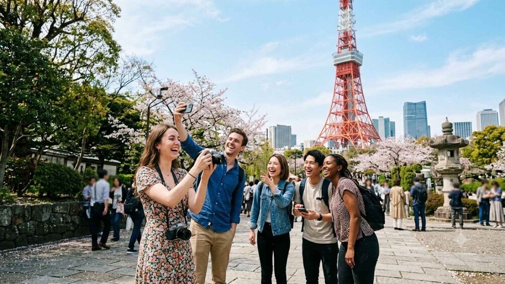 Eine Gruppe von Menschen macht ein Foto, im Hintergrund Kirschblüten und der Tokyo Tower. 1