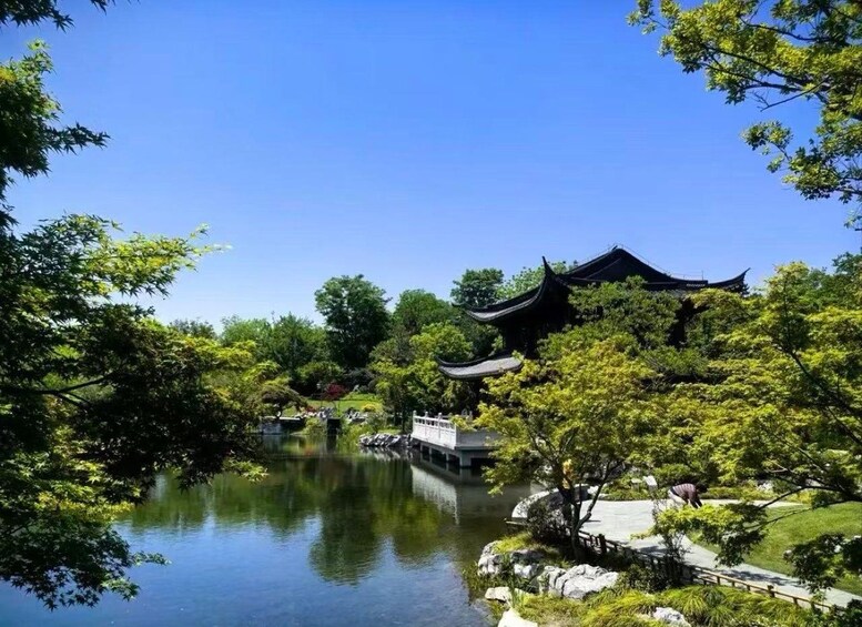 Un edificio japonés tradicional con techo curvo, rodeado de exuberante vegetación y un estanque tranquilo. 1