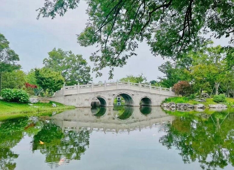 Un puente de piedra sobre un estanque tranquilo con reflejos, rodeado de abundante vegetación y árboles. 3