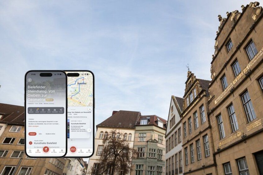 A smartphone displaying a map application with a cityscape in the background. 1