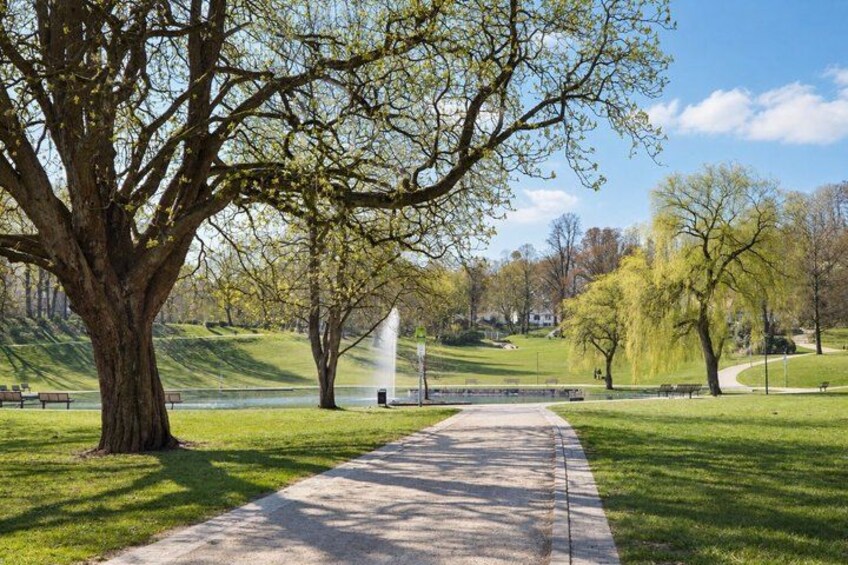 A park with a large tree, a fountain, and a pathway. 5