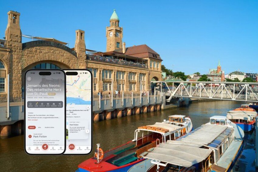 A historic building with a clock tower, a river with boats, and a smartphone displaying a map. 1