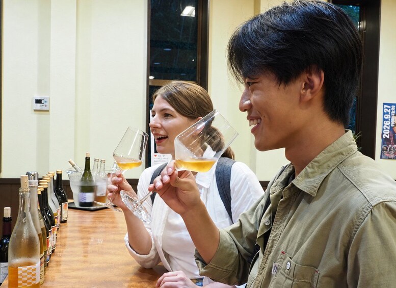 Two people holding glasses of a yellowish beverage at a bar with various bottles and a poster in the background. 2