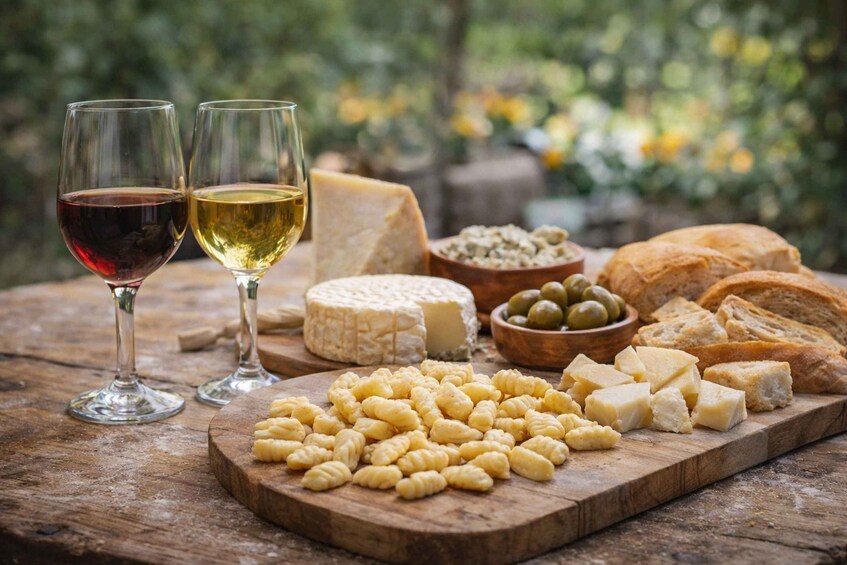 Une planche en bois garnie de fromage, de crackers, d’olives, de pain et de deux verres de vin. 5