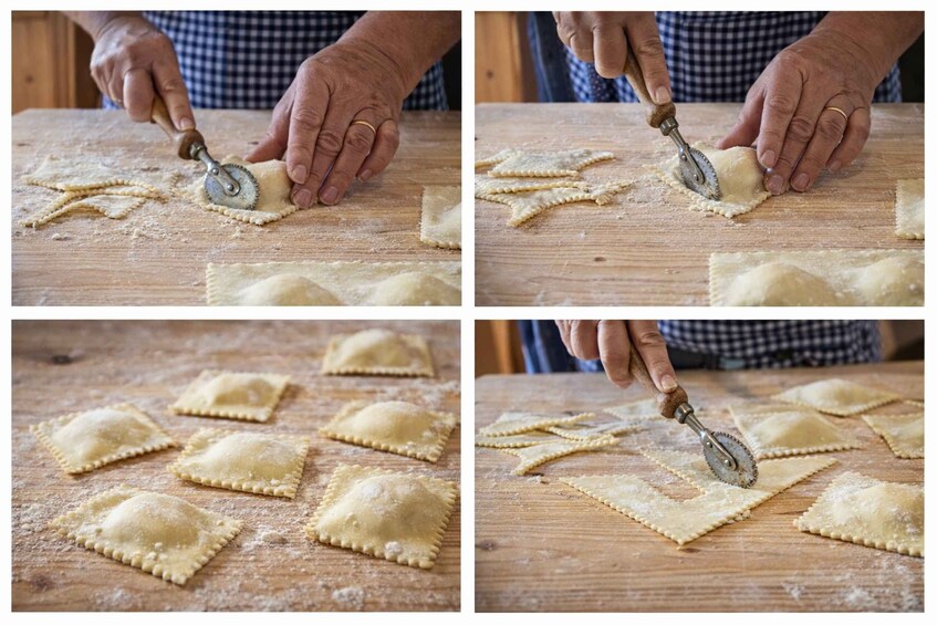 Une personne utilise un coupe-pizza pour découper une pâte en carrés sur une surface en bois. 4