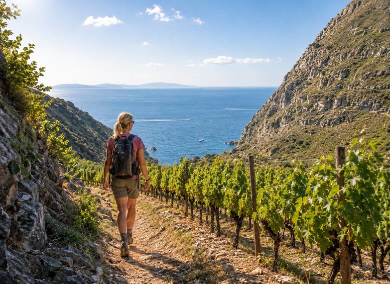 Un excursionista camina por un sendero en un viñedo, con vistas al mar y a las montañas. 1