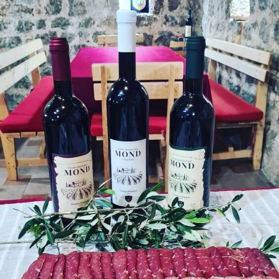 Tres botellas de vino Mond, un paño rojo y una planta de hojas verdes. 3