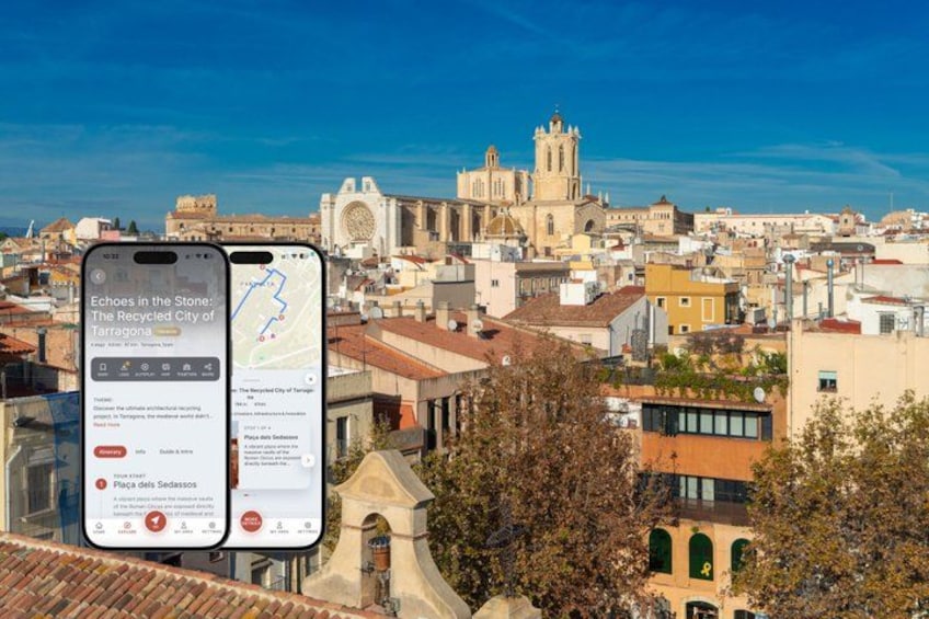 A smartphone displaying a map and information about Tarragona, Spain. 1