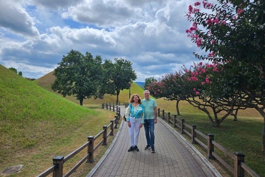 A paved pathway with wooden railings, surrounded by grassy hills and trees with pink blossoms. 5