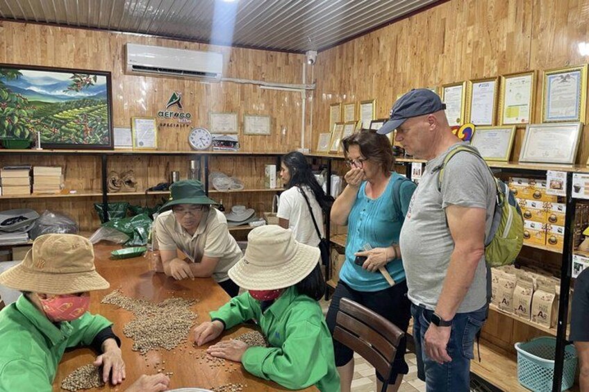People examining seeds at a table in a wooden room with framed certificates on the wall. 4