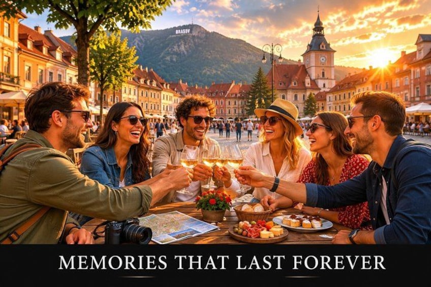 A group of people toasting with drinks at a table with food, in a European town square with historic buildings and a mountain in the background. 1