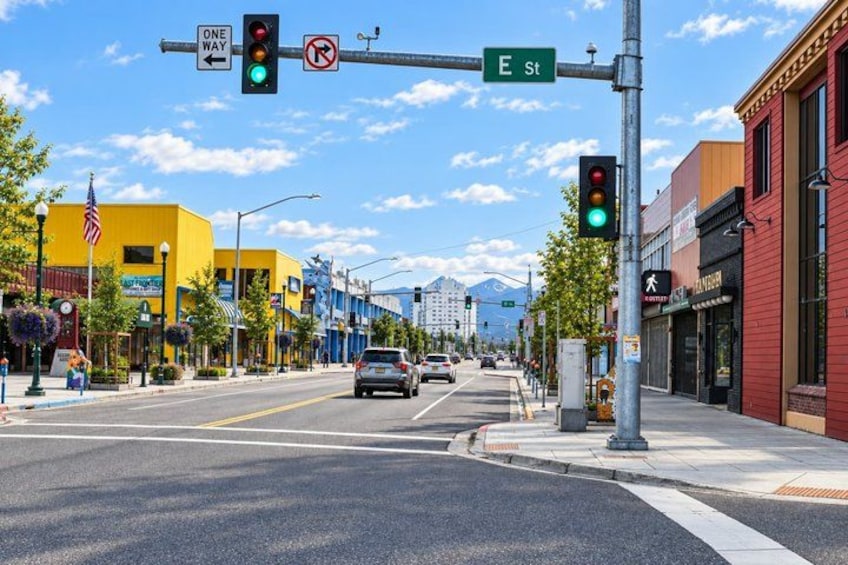 A street intersection with traffic lights, a 'One Way' sign, and a 'No Parking' sign. 5