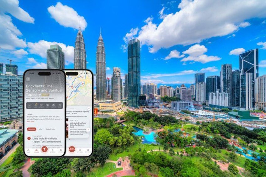 A smartphone displaying a map application with a cityscape in the background. 1
