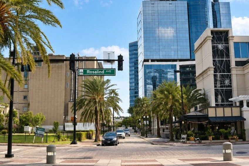 A street intersection with a traffic light, a street sign for Rosalind Ave, palm trees, and modern buildings. 3