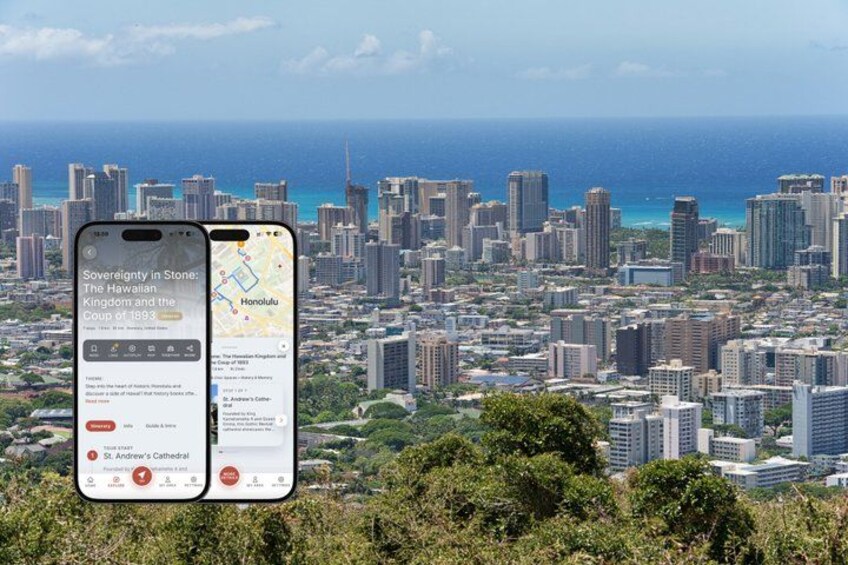 A smartphone displaying a travel app with a cityscape background. 1