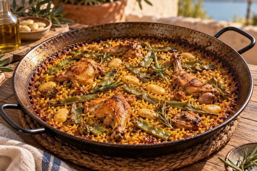 A large pan filled with a rice and chicken dish, garnished with herbs. 3