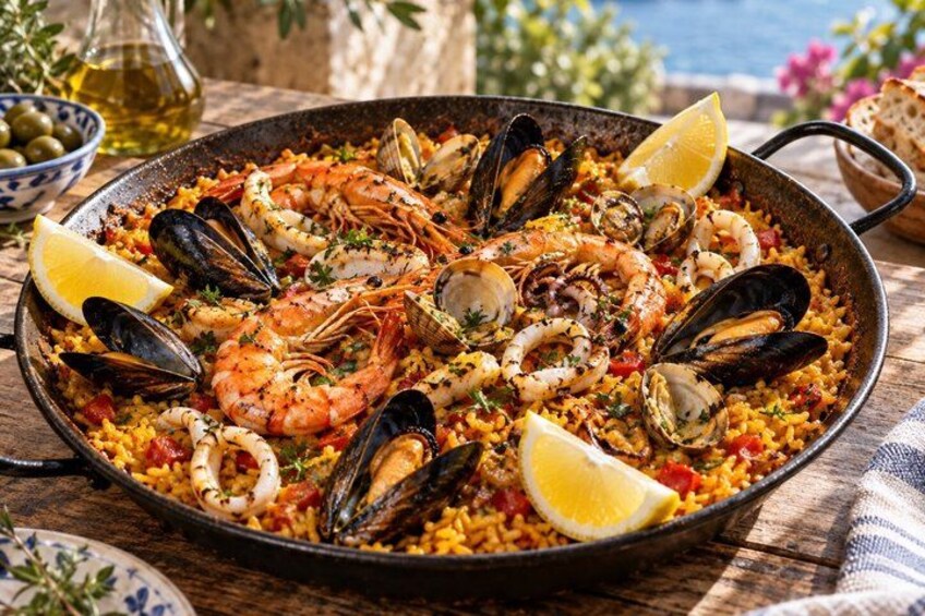 A seafood paella with shrimp, mussels, and lemon wedges on a wooden table. 2