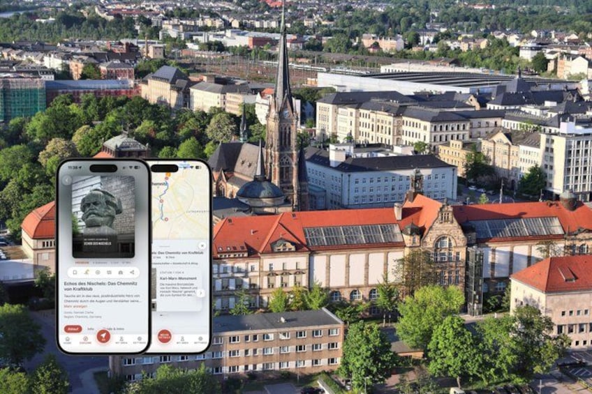 A cityscape with a prominent church spire, historical buildings, and a smartphone displaying a map and information. 1