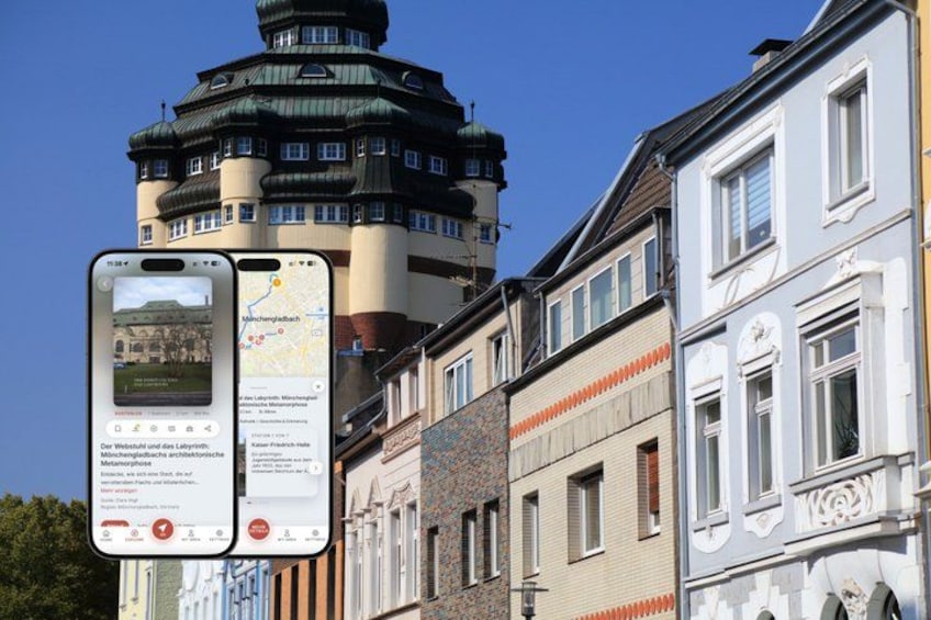 A historic building with a tower, a smartphone displaying a map, and a sign with text. 1
