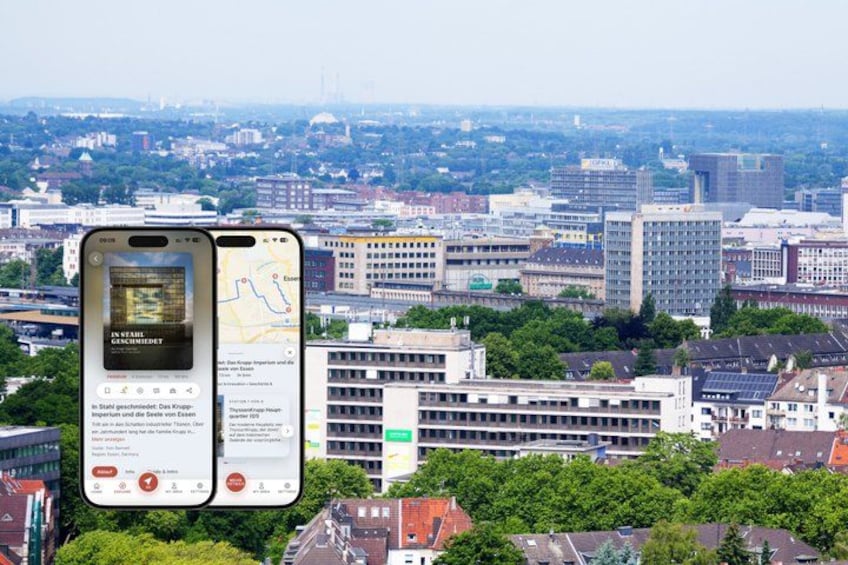 A smartphone displaying a map and a building with a sign that reads 'Stadtplan.' 1