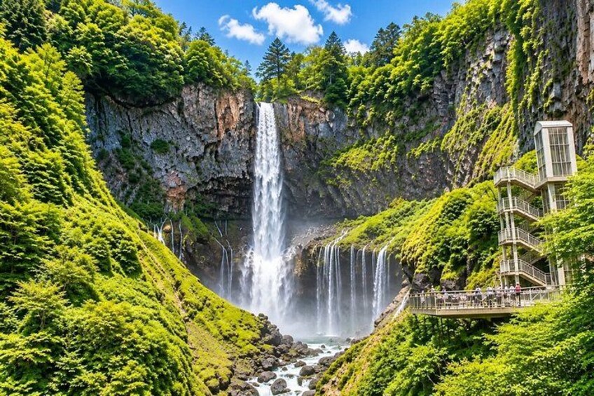 A multi-tiered waterfall surrounded by lush greenery and a viewing platform. 2