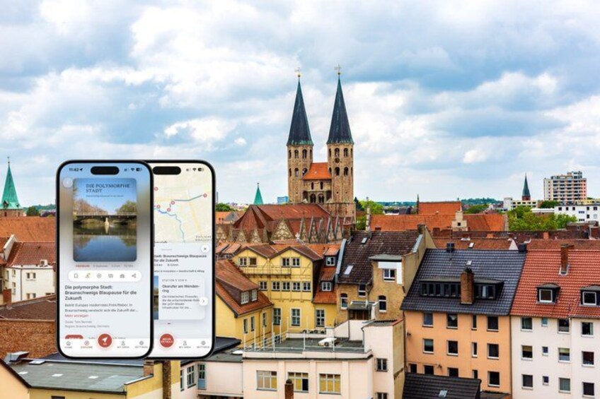 A smartphone displaying a map with a view of a town featuring a prominent church with two spires. 1