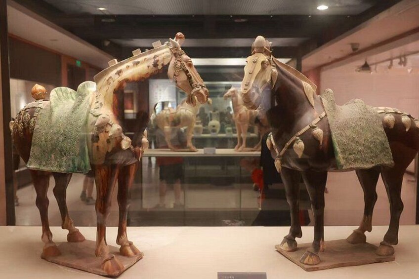 A display of terracotta horse statues with riders, set in a museum. 4